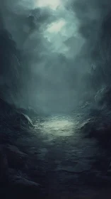 Narrow rocky ravine with diffuse light filtering through mist.