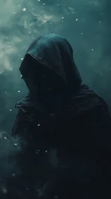 Hooded shadowed figure stands in cold drifting fog