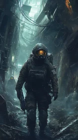 Heavily armed soldier moves through narrow dystopian alleyway