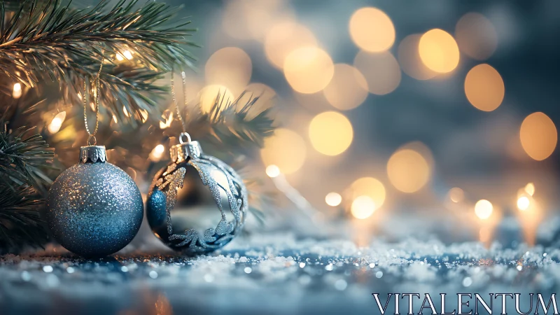 Silver Christmas baubles glow beside warm bokeh lights.