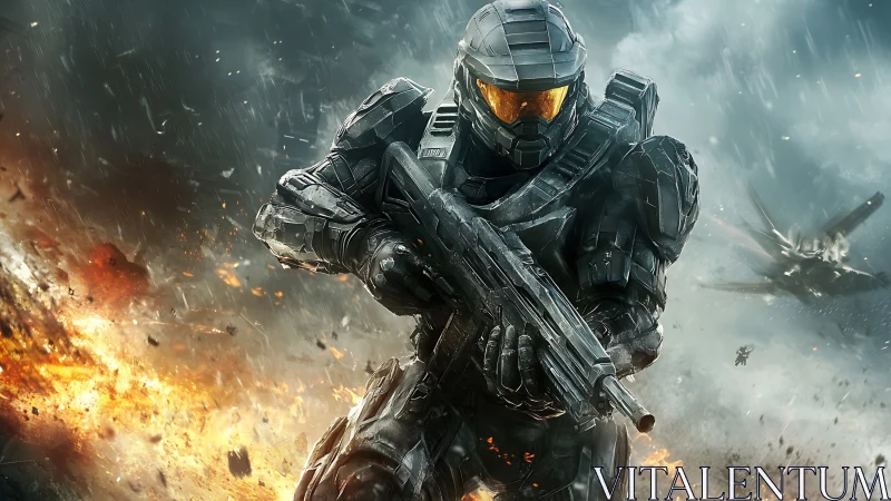 Armored sci fi soldier advancing through battlefield fire.