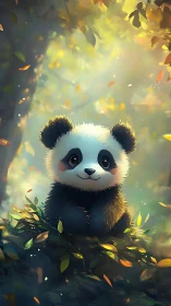 Forest dawn panda daydreams beneath drifting leaves.