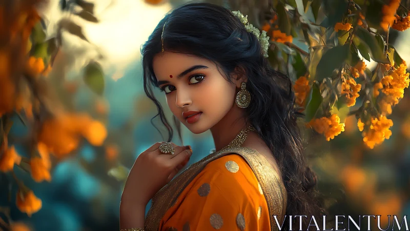 Warm-toned digital portrait of woman in sari with shallow depth