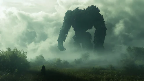 Wanderer in the mist facing a towering forest colossus.