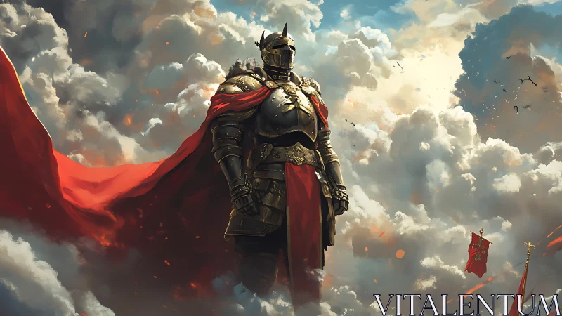 Armored knight with red cape standing amid dense clouds.