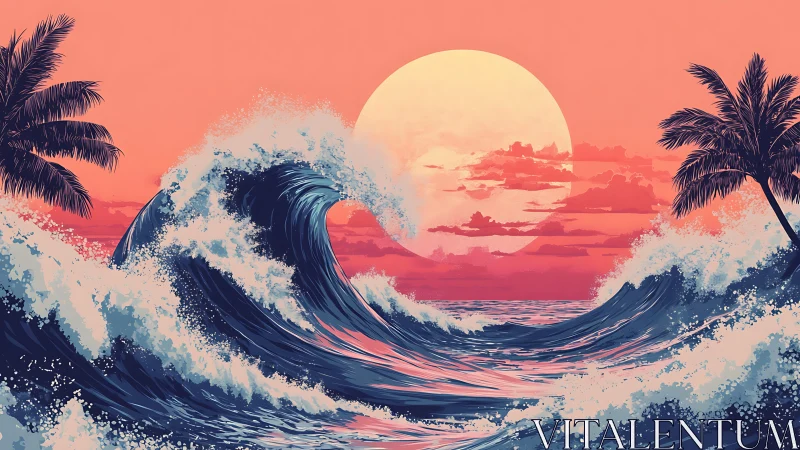 Sunset waves crash beneath oversized tropical sun