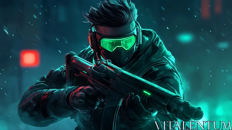 Neon night operative ready for action in glowing city storm.