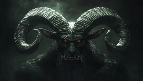 Demonic horned beast portrait in cinematic low key lighting.