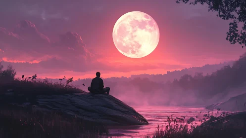 Solitary figure contemplates a luminous moon over misty river