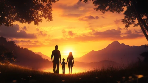 Silhouetted family observes radiant lake sunset in stylized landscape