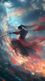 Sword fighter in swirling elemental firestorm sky scene.