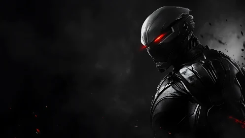 Midnight war machine with ember-bright cyber eyes poised.