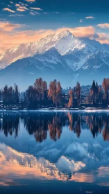 Snow-clad alpine range mirrored in still lake at sunrise