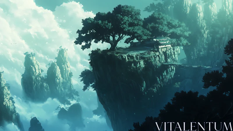 Mystical Floating Island with Ancient Tree and Pagoda