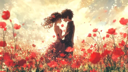 Couple embracing in field of red flowers with warm golden light