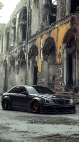 Matte black Mercedes sedan parked by ruined brick building.