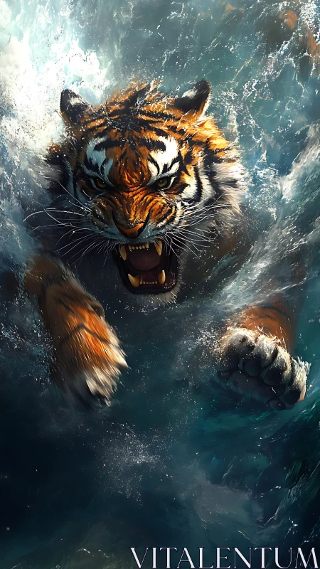 Roaring tiger surges through turbulent water in dynamic view