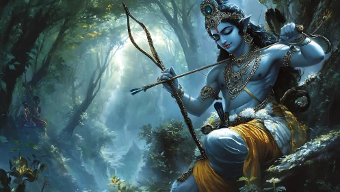 Divine blue figure in jeweled finery within luminous forest.