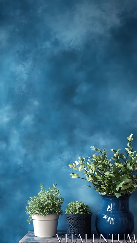 Potted greenery rests calmly against a textured blue wall