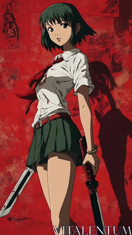 Battle-hardened schoolgirl stands poised with bloodied blades.