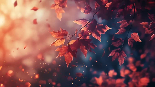 Backlit autumn maple leaves drift through shallow-depth bokeh field