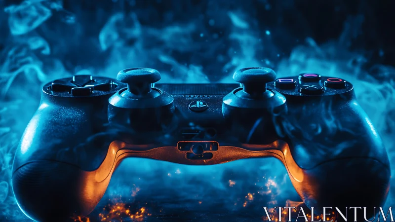 Glowing game controller rests in swirling blue and orange mist