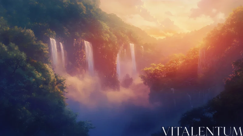Mist-draped cascades glow in a dreamlit valley of dawn.