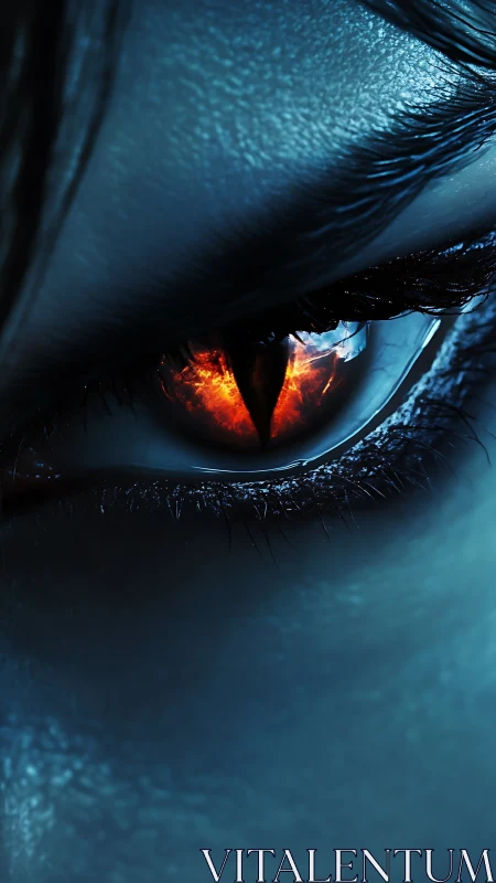 Infernal reptilian eye within icy human visage closeup.