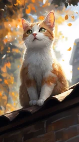 Luminescent Feline Perched Among Cascading Autumn Whispers.