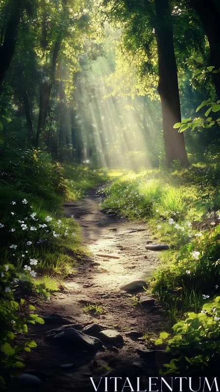 Sunlit forest pathway with stone surface and vegetation.