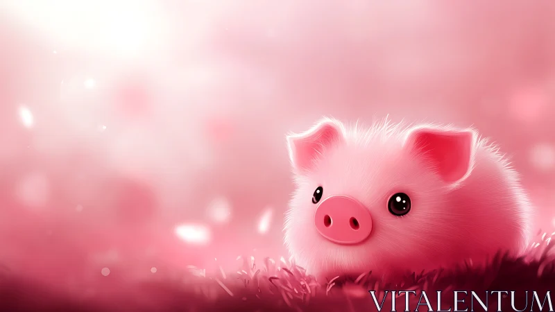 Fluffy pink piglet rests on glowing soft-focus meadow