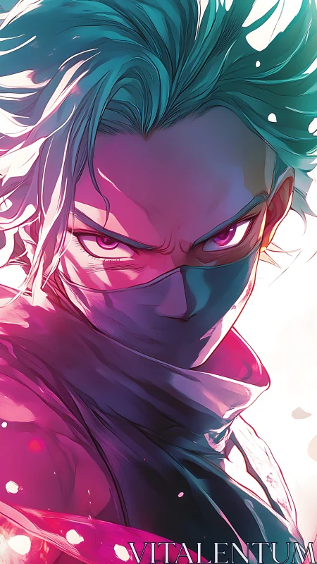 Neon-lit masked warrior portrait with intense violet gaze