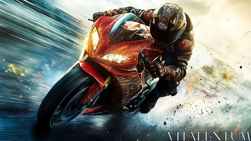 High-speed superbike lean with motion blur and road debris