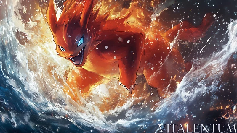 Fiery orange creature advancing through turbulent water.