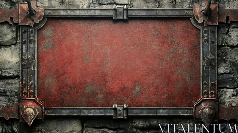 Rusty metal plaque with industrial frame on stone wall.