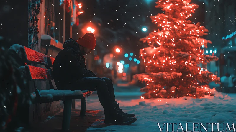 Solitary figure on snowy bench beside neon-lit Christmas tree.