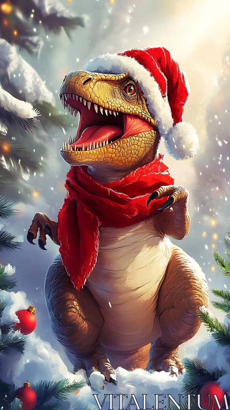 Santa-clad baby T-rex roars with holiday mischief in snow.