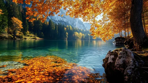Autumn lake shoreline framed by golden foliage and mountains.