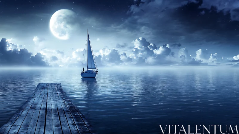 Moonlit sailboat drifting beyond a quiet wooden pier.