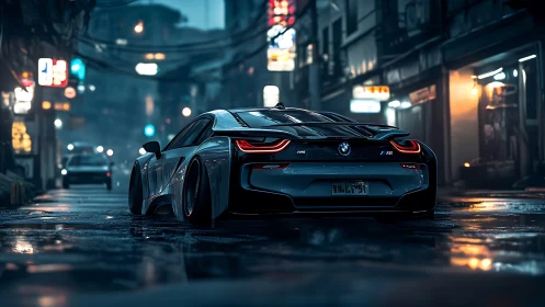 Futuristic BMW coupe on rain-soaked neon Tokyo backstreet.