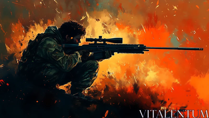 Sniper in Inferno - Tactical Operator Amid Fiery Combat.