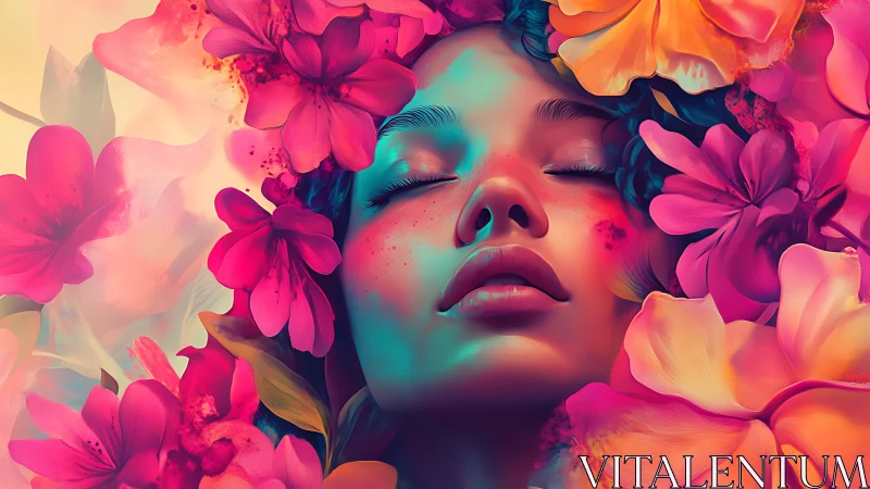 Dreamlike floral portrait in neon chromatic bloom.