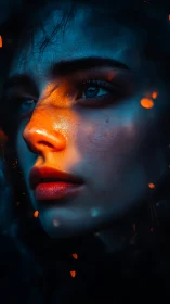 Portrait under teal and orange cinematic rim light glow.