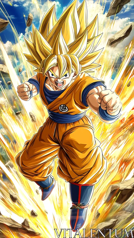 Golden warrior erupts skyward in a blazing power storm.