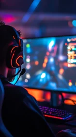 Gamer with RGB headset focuses on blurred action display