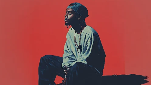 Digital portrait of pensive man in streetwear on red field.