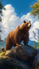 Brown bear stands on rocky ledge in bright mountain valley.