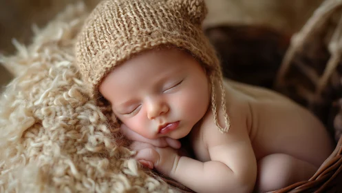 Peaceful Newborn Sleeping in Knitted Bonnet.