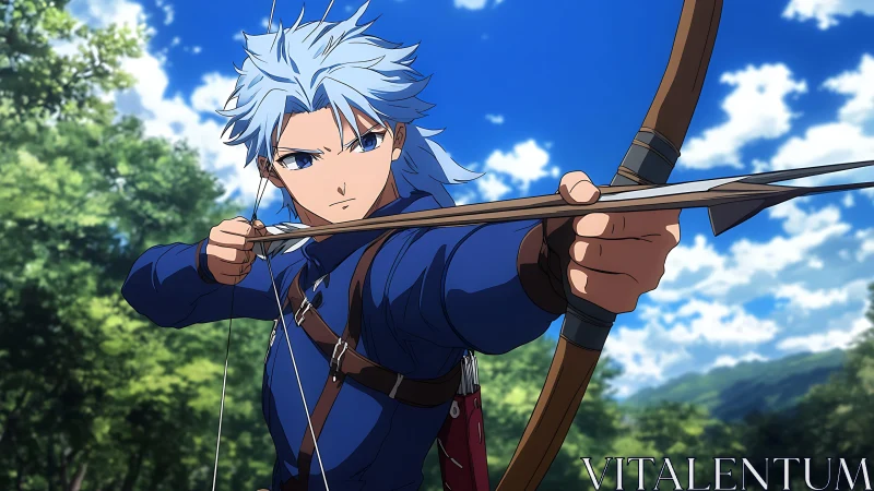 Blue haired anime archer drawing recurve bow in forest clearing