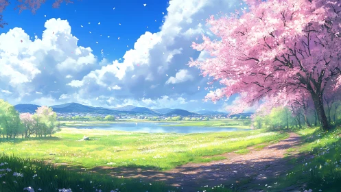 Spring lake path under blooming pink cherry trees.